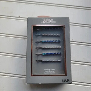 NWT Believe by Brilliance Lot Of 6 Fine Silver Plated Zirconia Hair Pins Blue
